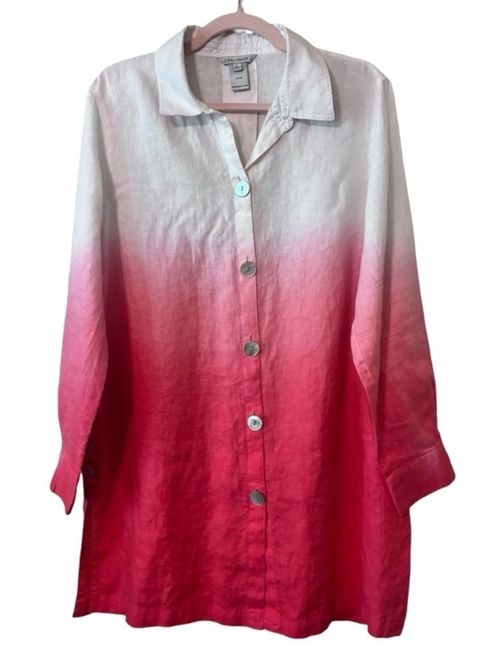 JOHN MARK White to Pink Ombre Linen Button-Front Shirt, Size Large.